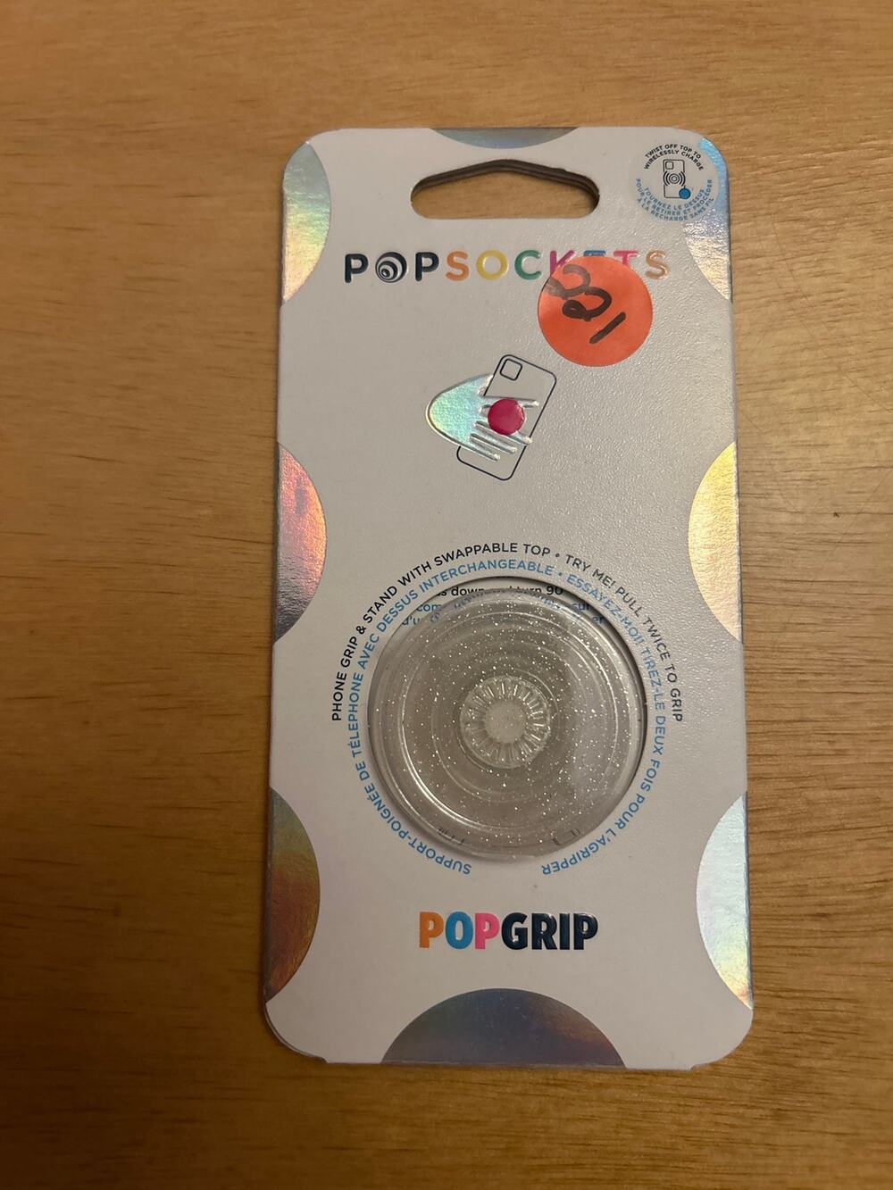 New Popsockets Swappable Top Phone Grip & Stand Clear with Silver Glitter